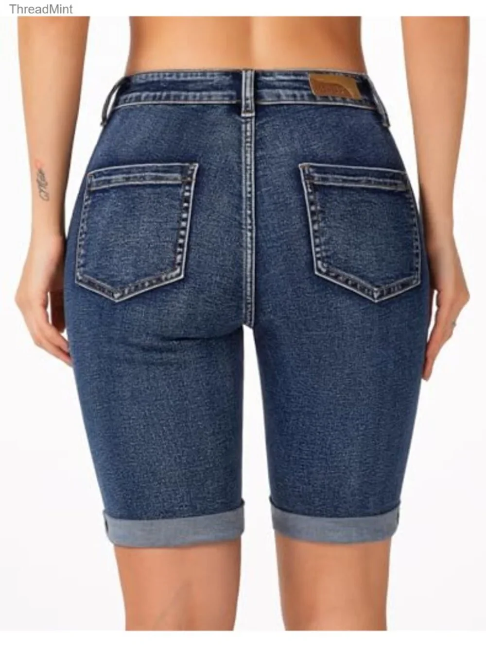 Women's Stretchy Skinny Knee Length Bermuda Jean Shorts with Front Seam Cuffed